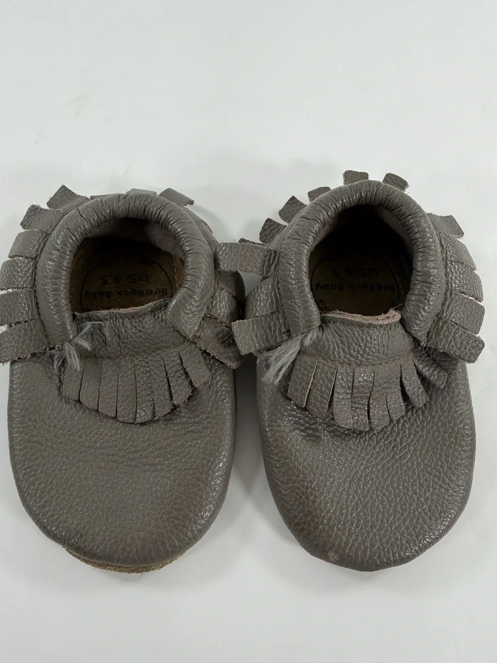BirdRock Baby Gray Leather Fringe Moccasins Soft Sole Crib Shoes US 6.5